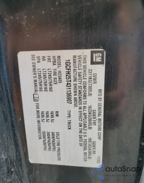 2003 Chevrolet Express G2500 z USA, uszkodzony, nr VIN 1GCFH25T431136907